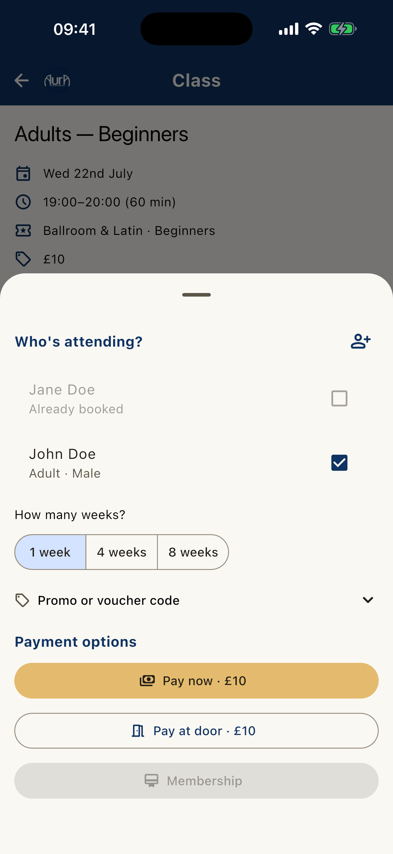 AURA booking options for an example household, including pay now and pay at the door