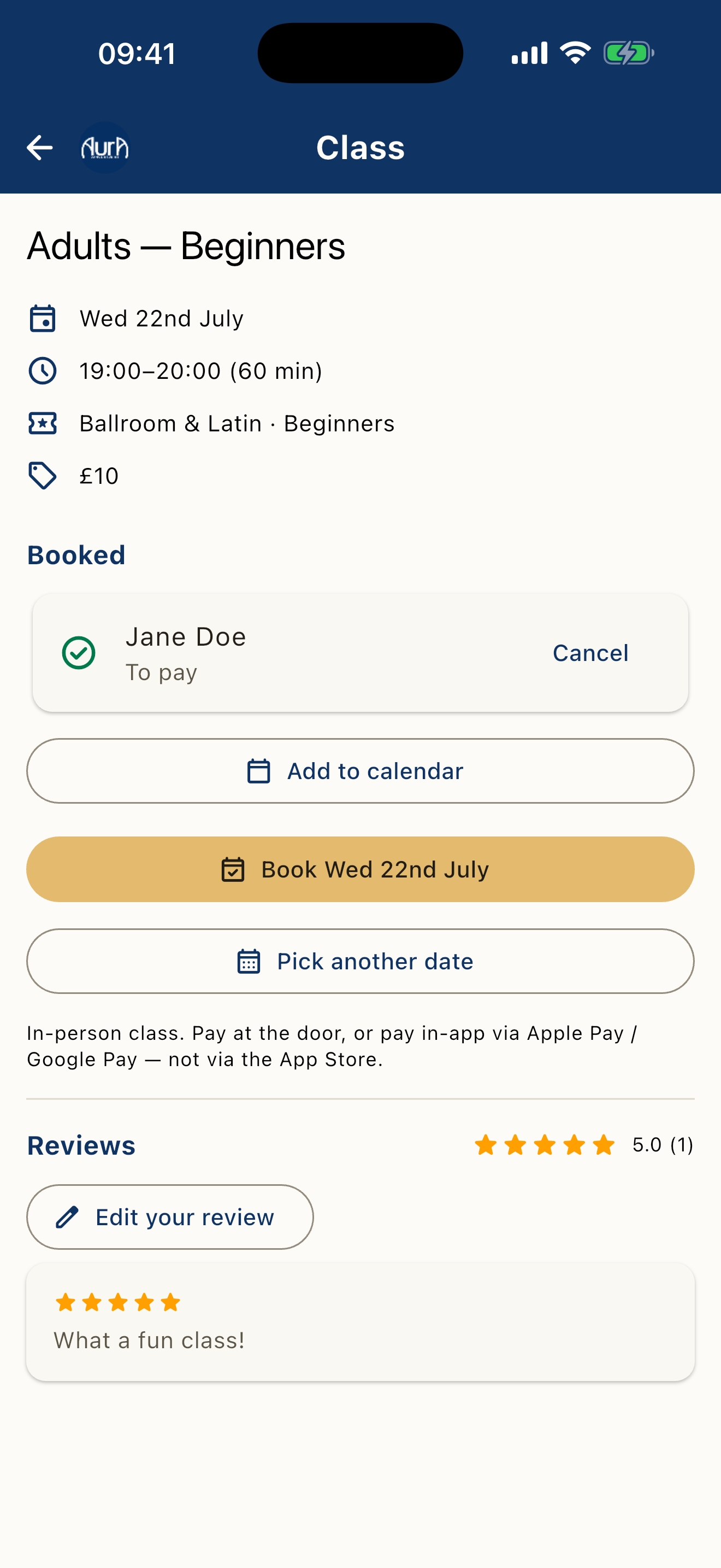 AURA class details with booking information and an add-to-calendar option