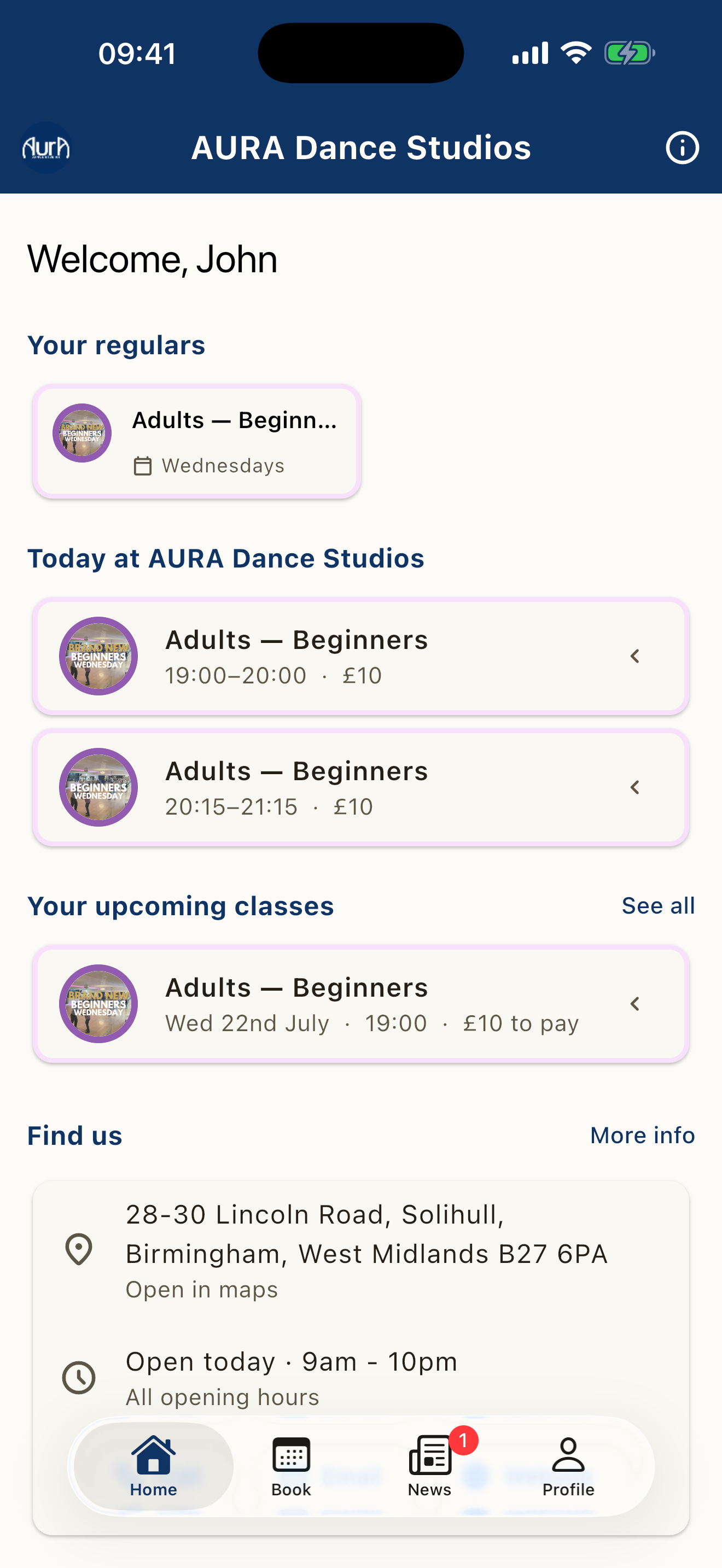 AURA app home screen with a member’s regular classes and upcoming bookings