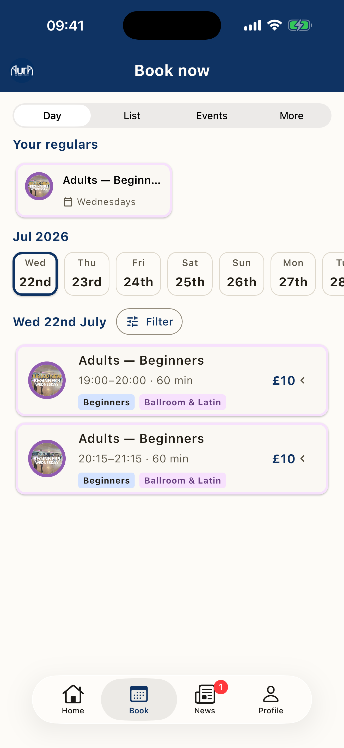 The AURA Dance Studios app: a branded timetable showing adult beginner classes